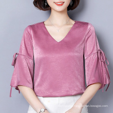 Fashion Cutting V-neck Solid Color Silk Sweet Top